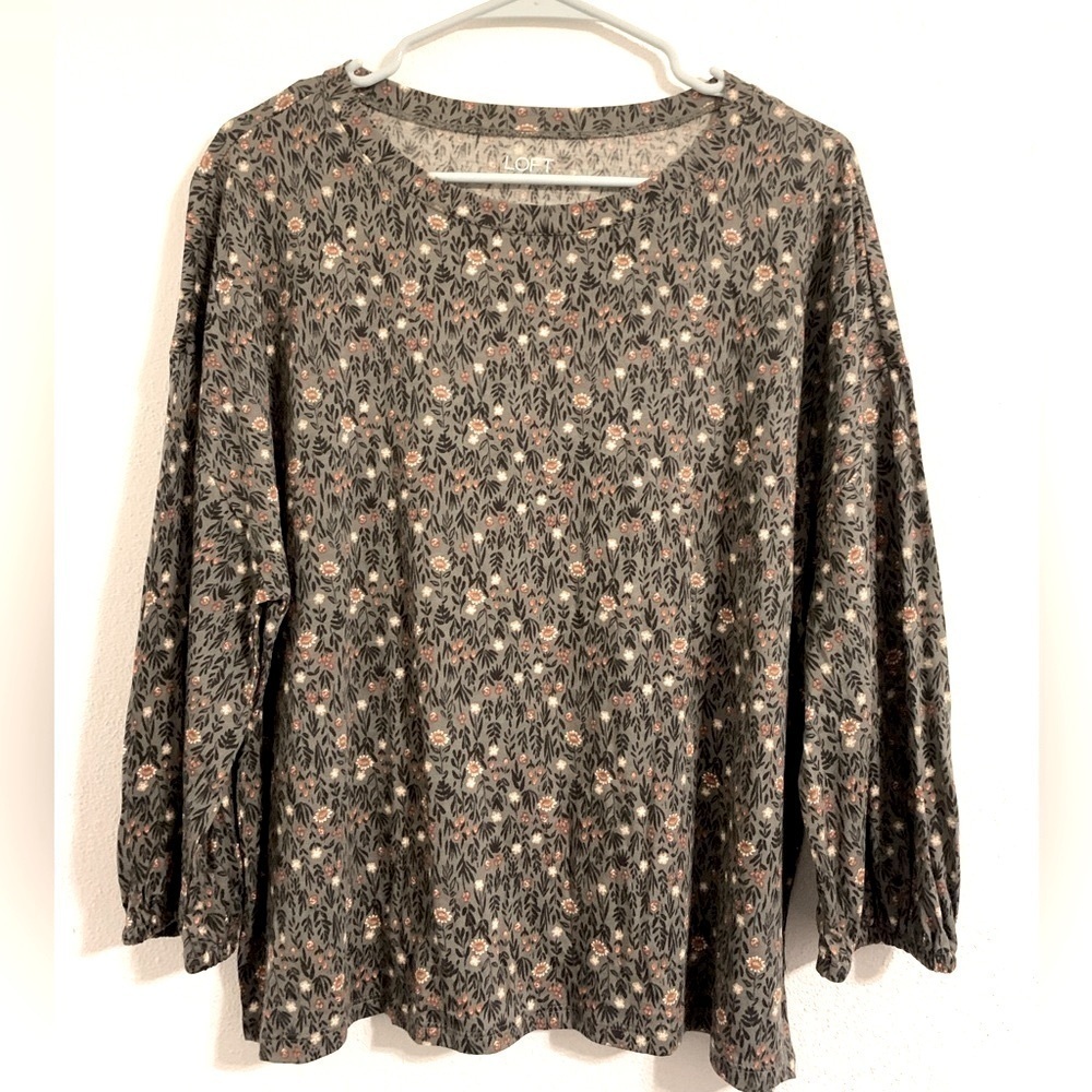 Loft Green Flower Print 3/4 Sleeve Blouse
